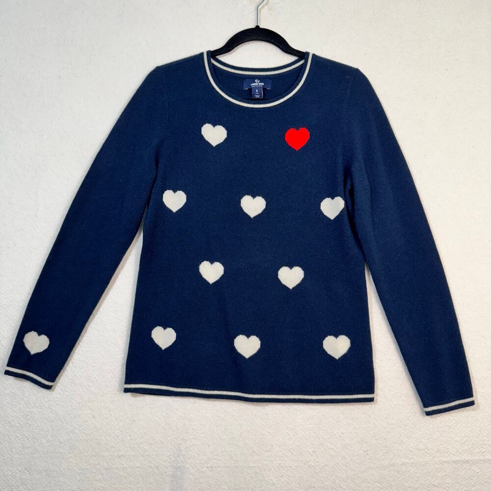 Land's End White Hearts Navy Cashmere Crewneck Super Soft Sweater Size Small 6-8